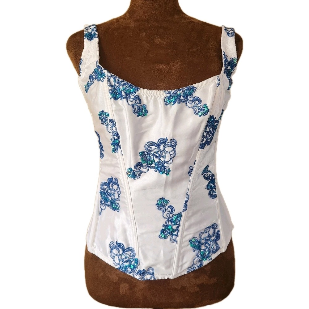Frederick's Of Hollywood Vintage Corset Top White Blue‎ Embroidered Sequin 36